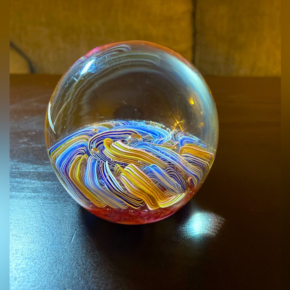 Glass Paperweight With Pink And Blue Ribbons And Silver Balls